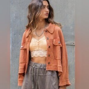 Anthropologie POL Women’s Shacket Shirt Jacket Crop Relaxed Waffle Thermal-M